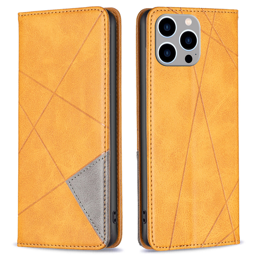 Uniqkart for iPhone 15 Pro Max Stand Leather Phone Cover Card Holder Shell Imprinted Line Cell Phone Case - Yellow Uniqkart for iPhone 15 Pro Max Stand Leather Phone Cover Card Holder Shell Imprinted Line Cell Phone Case - Yellow